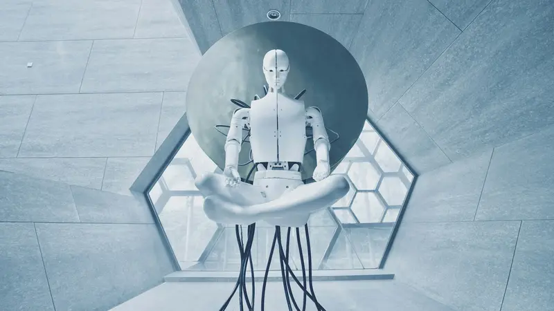 Un robot umanoide seduto nella posizione del loto
