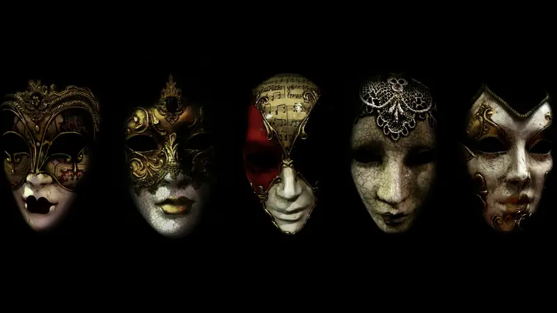 A row of Venetian masks on a black background