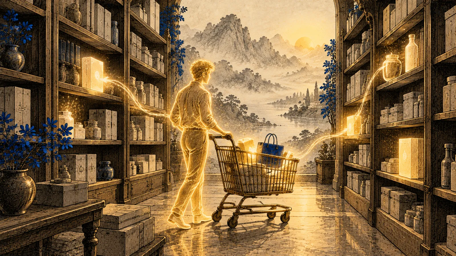 A small agent of light pushing a shopping cart between digital shelves