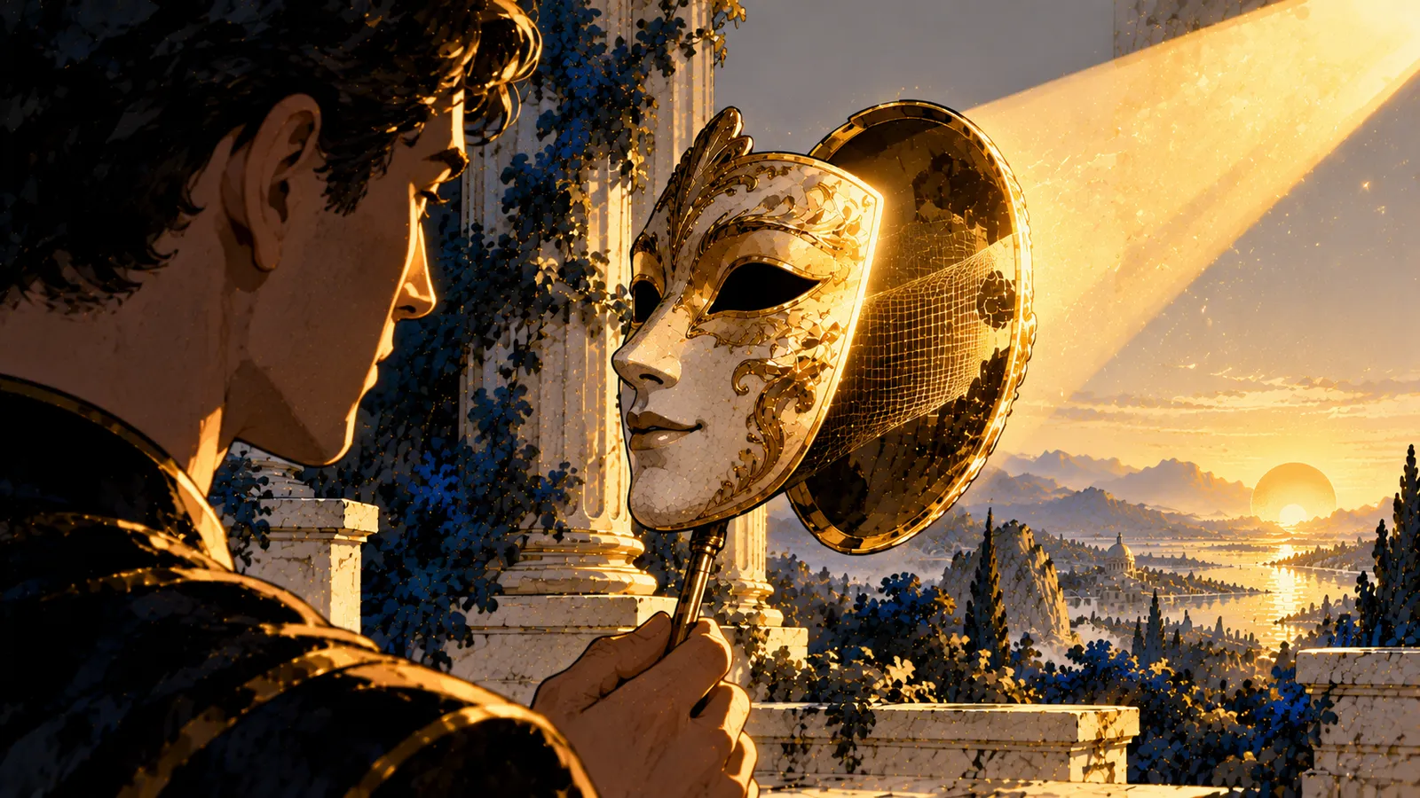 A mask held before a face, revealed by a beam of light