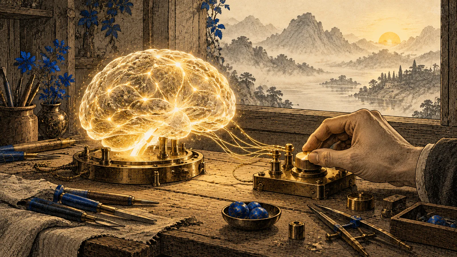 Un cervello di luce su un banco da lavoro mentre una mano regola piccole manopole di precisione