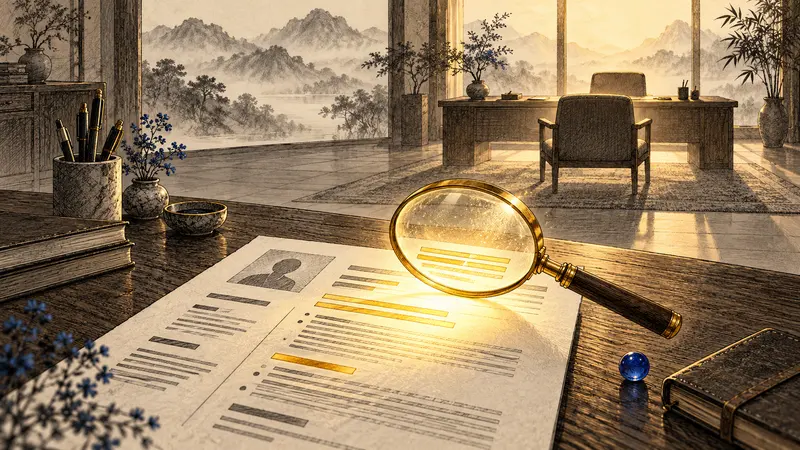 Un curriculum su una scrivania con una lente luminosa che evidenzia le parole chiave, accanto a una sedia da colloquio
