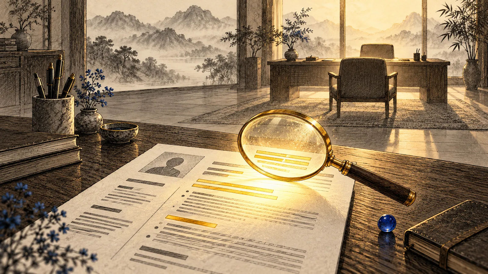 A CV on a desk with a glowing lens highlighting keywords, next to an interview chair