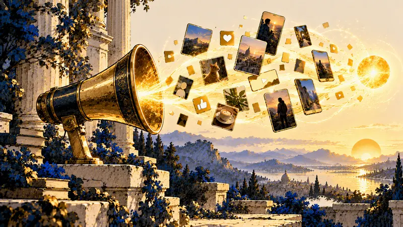 Un megafono da cui escono forme di post e caroselli che diventano una sola luce
