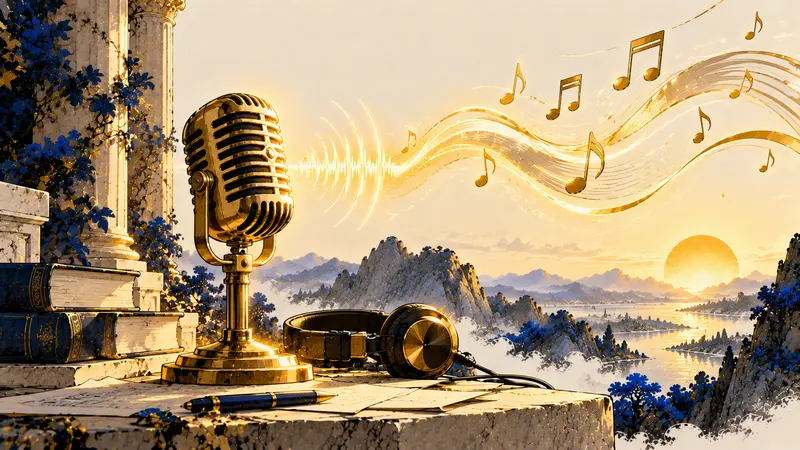 Un microfono d'epoca da cui escono onde sonore che diventano musica