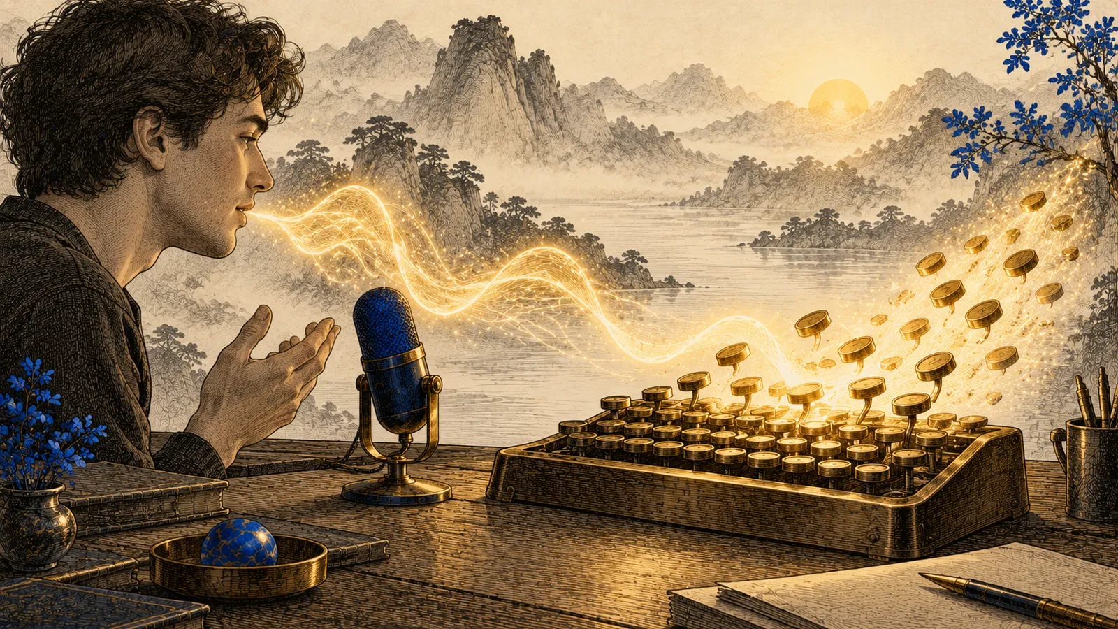 Onde sonore luminose che escono da una persona e sostituiscono i tasti di una tastiera