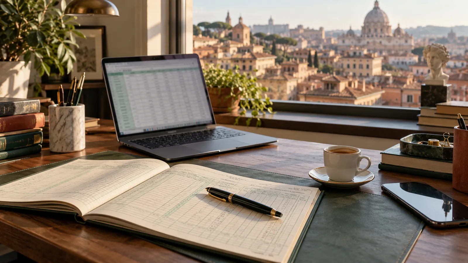 Scrivania con laptop e registro contabile, vista sui tetti di Roma